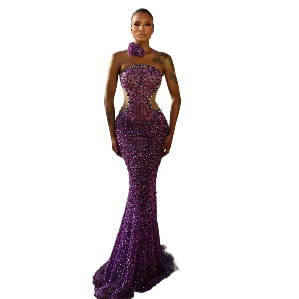 فساتين سهرة بحورية البحر بالترتر الأرجواني بدون حمالات للنساء لؤلؤ السجادة الحمراء للحفلات الراقصة فستان فاخر للحفلات في دبي رداء Du Soir 2026 #2