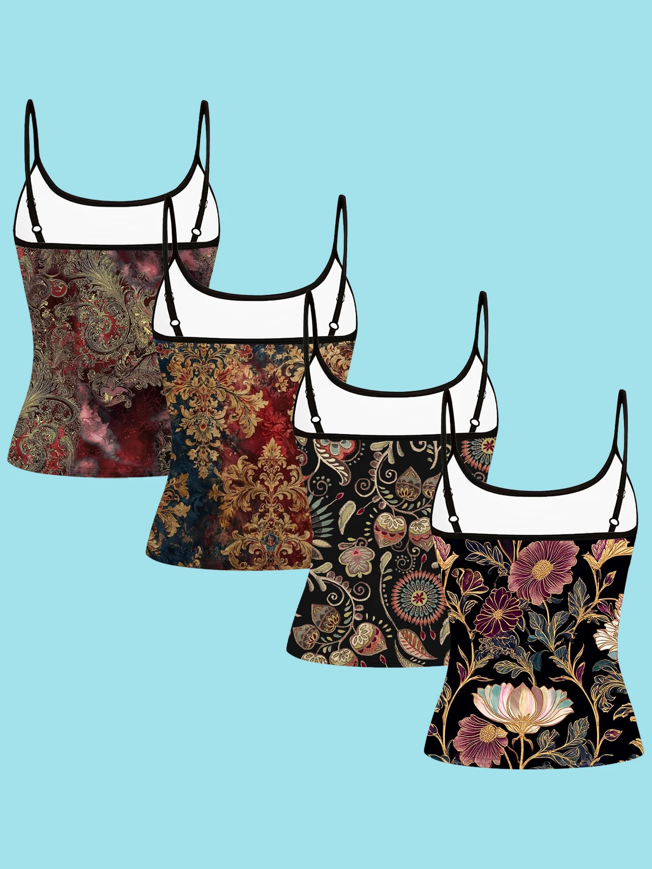 4 PCS Women's Spaghetti - Strap Camisoles, Mixed Color Floral Paisley Print, Polyester Material, Multiple Sizes Available, Fashi