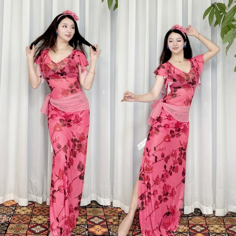 ملابس الرقص الشرقي للنساء أنيقة مزاجه شبكة رداء عقال حزام ملابس داخلية 4 قطعة زي أداء Saidi Shabbi Baladi