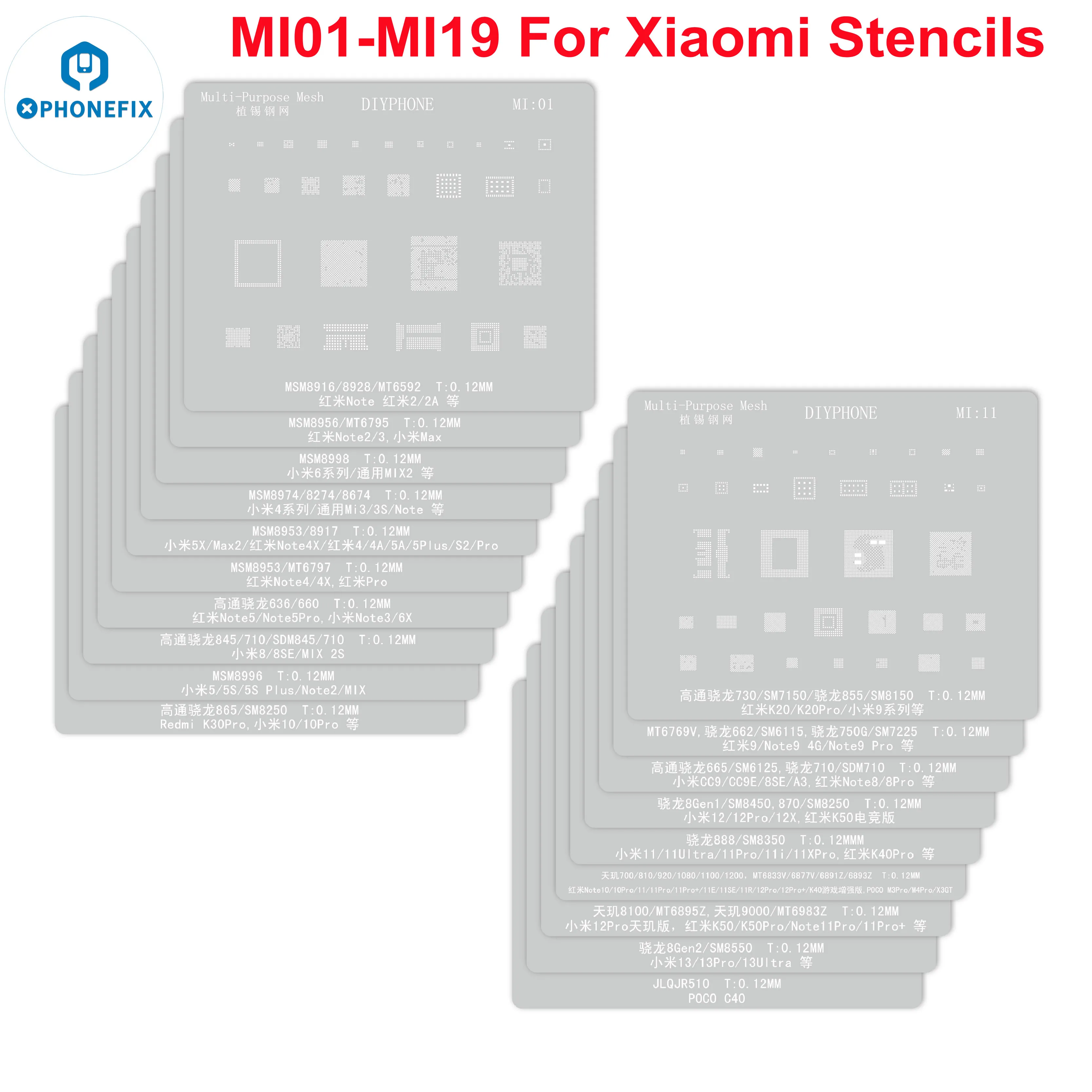 DIYPHONE BGA Stencil 0.12mm per Xiaomi 10/Note 11Pro/12Pro/13/13Ultra/POCO C40/ Redmi K30/K40/ K50/K50Pro CPU Tin Planting Net