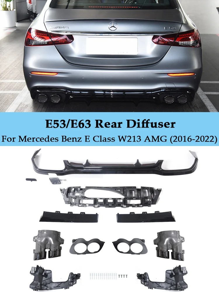 Rear Bumper Lip Diffuser Spoiler With Exhaust Tips For Benz E Class W213 E200 E260 E300 AMG Sedan 2016-2022 E63 E53 Look Style