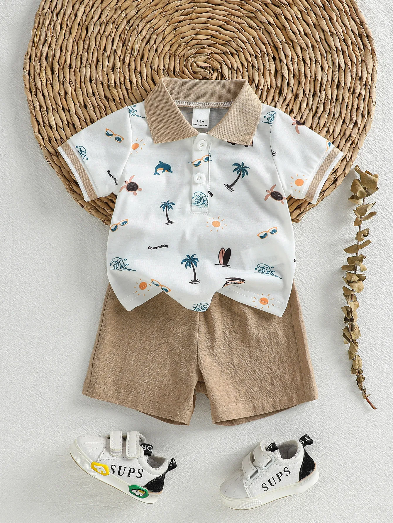 Baby Boy 2‑Piece Polo Set, Contrast Collar Printed Short‑Sleeve Top + Khaki Shorts, Summer Toddler Outfit