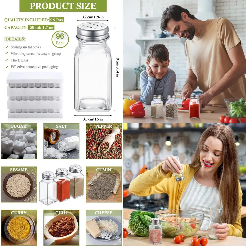 

Set of 96 Glass Salt & Pepper Shakers with Stainless Steel Lids, 1.7 oz, 3.54 x 1.5 Inches