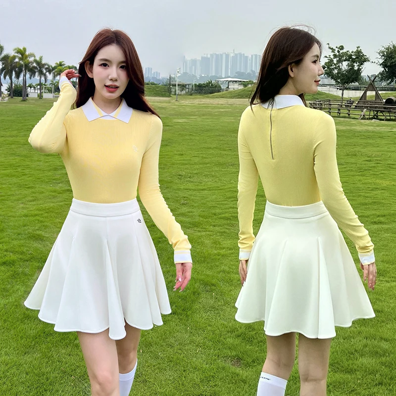 Women Golf Apparel Women Knitted Long Sleeve Sweater Polo Collar Slim Top Spring Autumn Lady High Waist Skirt Golf Pleated Skort