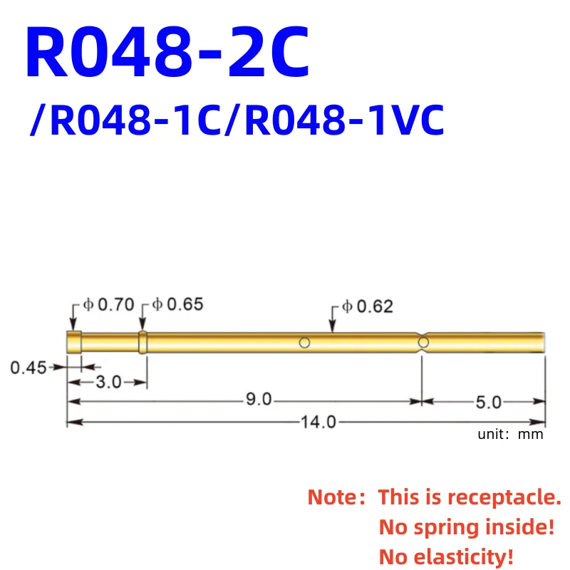 20/100PCS R048-2C Test Pin P048-B Receptacle Brass Tube Needle Sleeve Seat Probe Sleeve Length 14mm Dia 0.62mm R048-1C R048-1VC