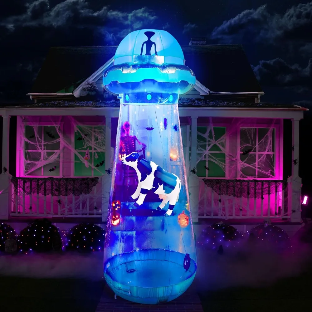 

12 FT Tall Halloween Inflatables Outdoor Decorations, Built-in LEDs, UFO & Cow, Blow Up Halloween Decorations