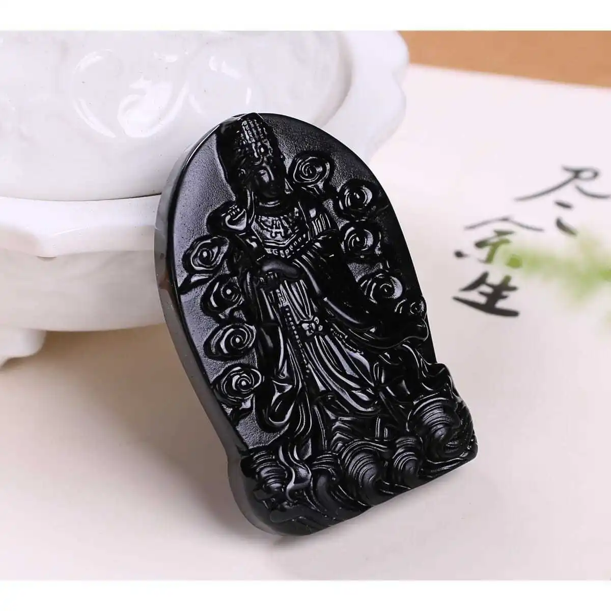 

Natural Obsidian Pendant Goddess Matsu Of The Sea Meizhou Mazu Black Crystal Necklace Lucky Bless Peace Smooth Sailing Jewelry