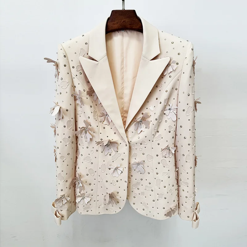 HIGH STREET Newest Fashion 2026 Designer Runway Suit Set Women's Luxurious Beading Flower Suit Trousers Pants Suit 2pcs