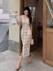 Summer Holiday Embroidery Flower Peter Pan Collar Single Breasted Pearls Button Bodycon Midi Long Prom Wedding Dress Women