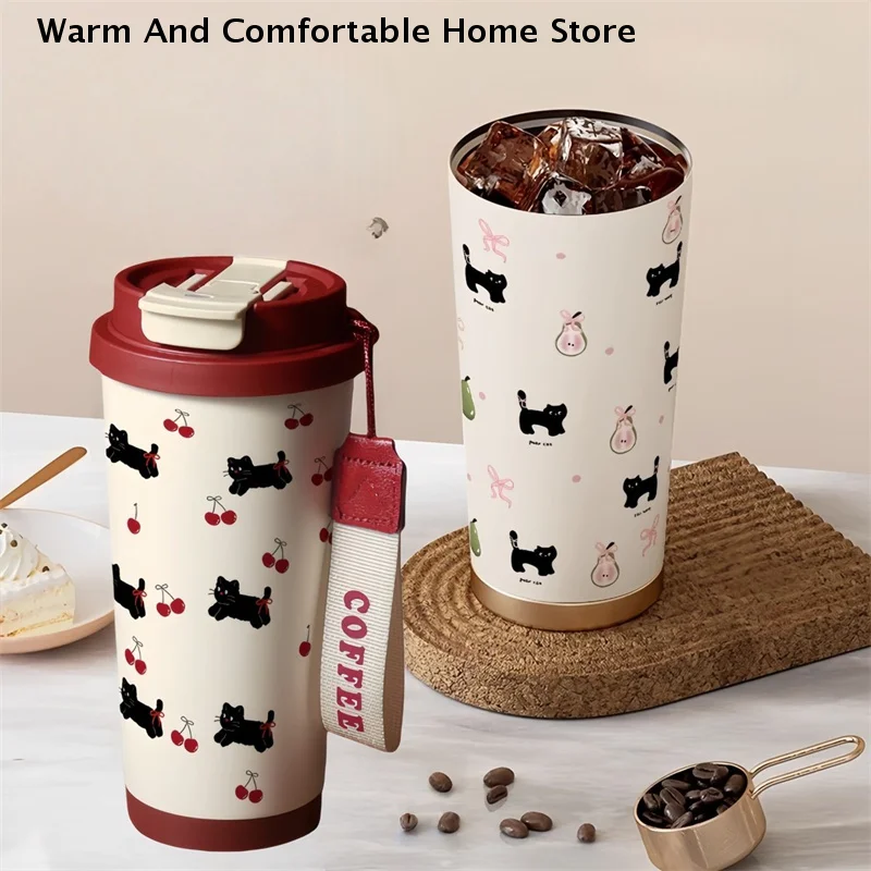 Floral Kitten 550ml Dual-Drink Vacuum Insulated Cup, Large Capacity 316Stainless Steel Water Bottle With Straw Outdoor Tableware