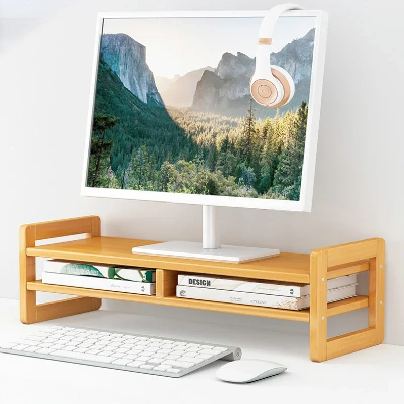 Home Multifunction Bamboo Organizing Rack Monitor Raised Shelf Office Computer Desktop Riser Rack Table Display Storage Holder