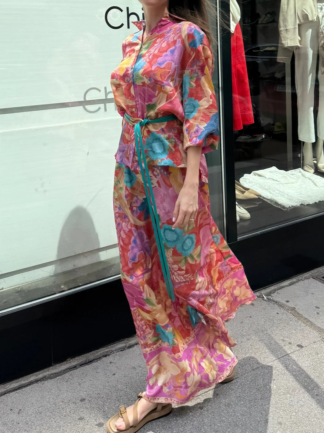 

2025 New Female Oil Painting Printing Print Suit Single Breasted Long Sleeve Blouse + Elastic Waist Wide Leg Pants Loose Set