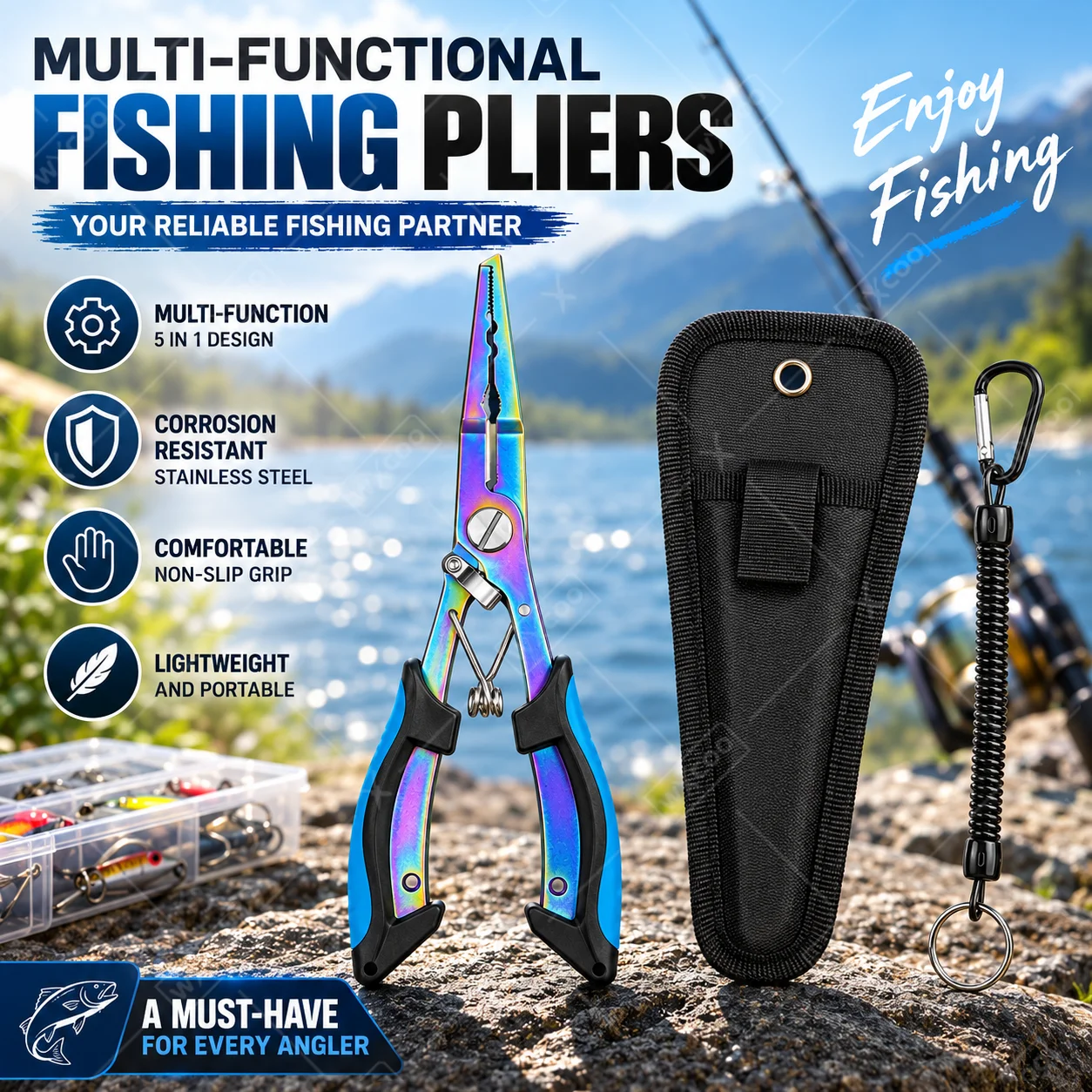 WXCOO Multifunctional Fishing Pliers Aluminum Alloy Hook Remover Split Ring Opener PE Line Cutter Fish Lip Gripper with Lanyard