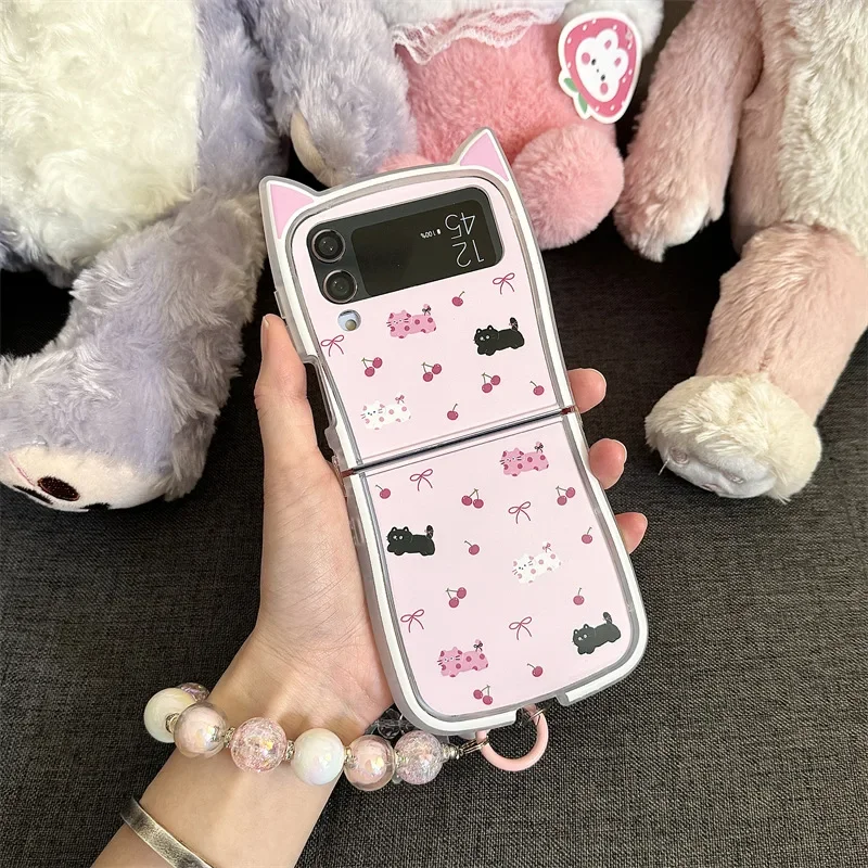جراب هاتف وردي لطيف من القط الكرز ، غطاء خلفي واقي ، Samsung Galaxy Z Flip 6 ، 5 ، 4 ، 3 ، ZFlip4 ، ZFlip5 ، ZFlip6