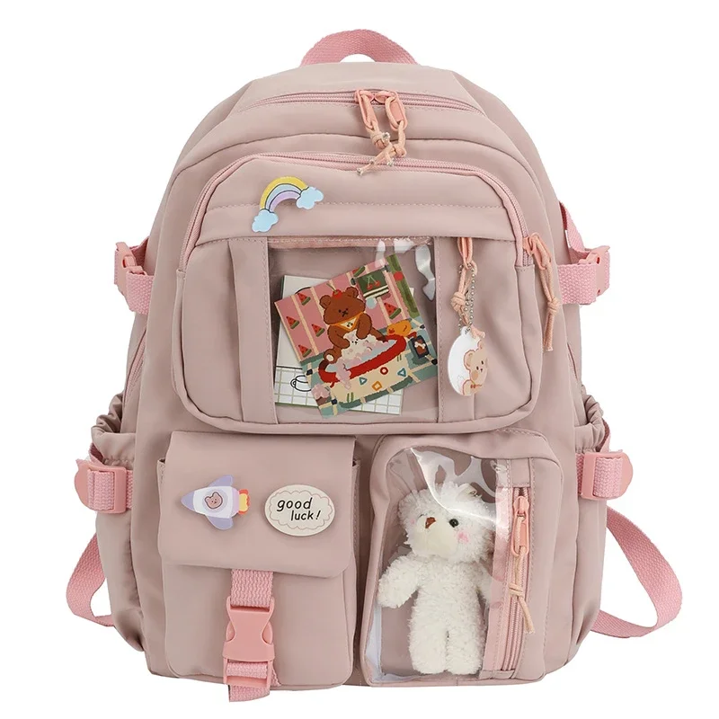 Mochila escolar de nailon con múltiples bolsillos para mujer, morral escolar impermeable para estudiantes, mochila Kawaii para ordenador portátil