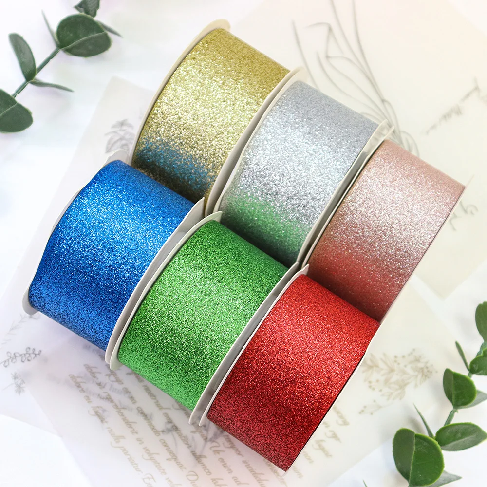 5 rolek 10 jardów Flash Sparkle Solid Glitter Printed Poliestrowa jedwabna wstążka do kokardek do włosów Opakowanie DIY Rękodzieło Ręcznie robione