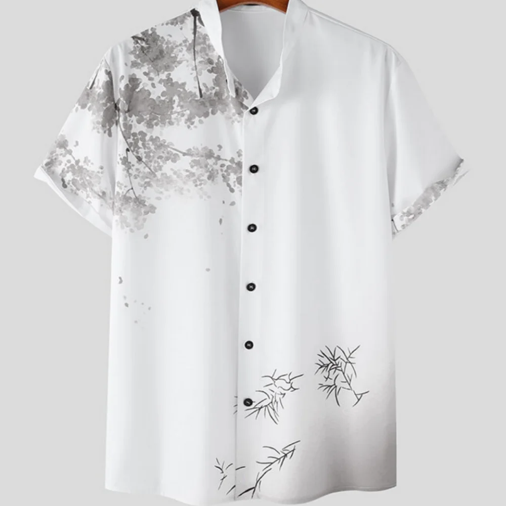 Pure White Tops Cherry Blossom Print Men\'s Short-sleeved Shirts For Vacation Daily Wear Men\'s Short-sleeved Shirts Oversized Top