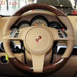 For Porsche Cayenne Macan DIY imitation peach wood trim hand sewn leather steering wheel cover