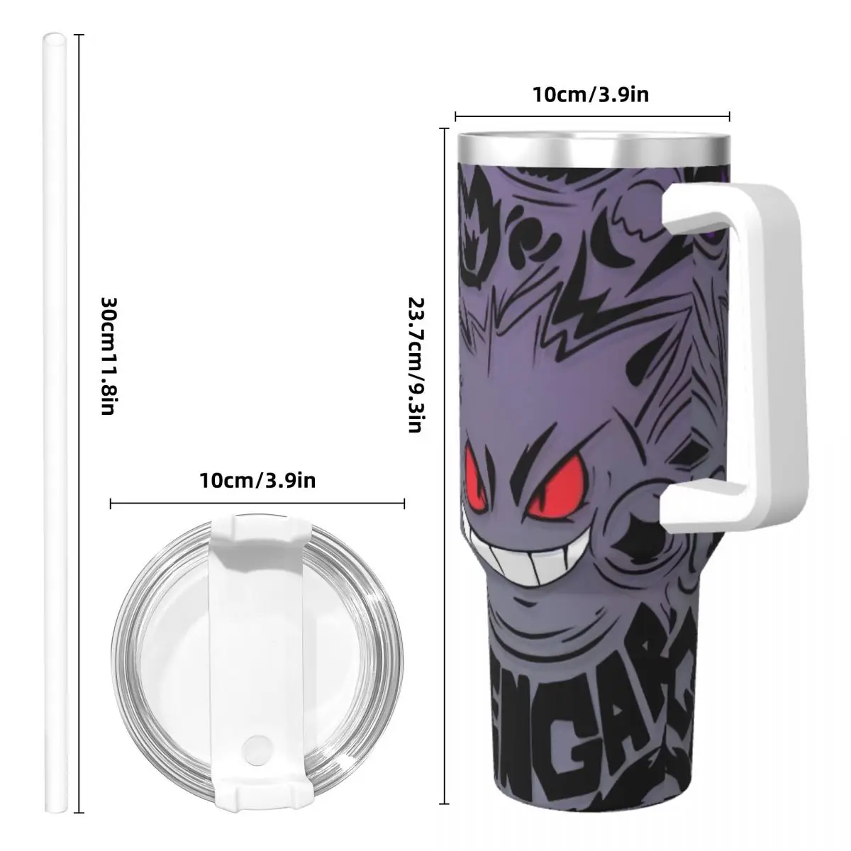 Gobelet en acier inoxydable Pokemon Gengar Anime, jeu populaire, tasse thermique de plage, pailles et couvercle, tasses de voiture, bouteille d'eau froide, 40oz