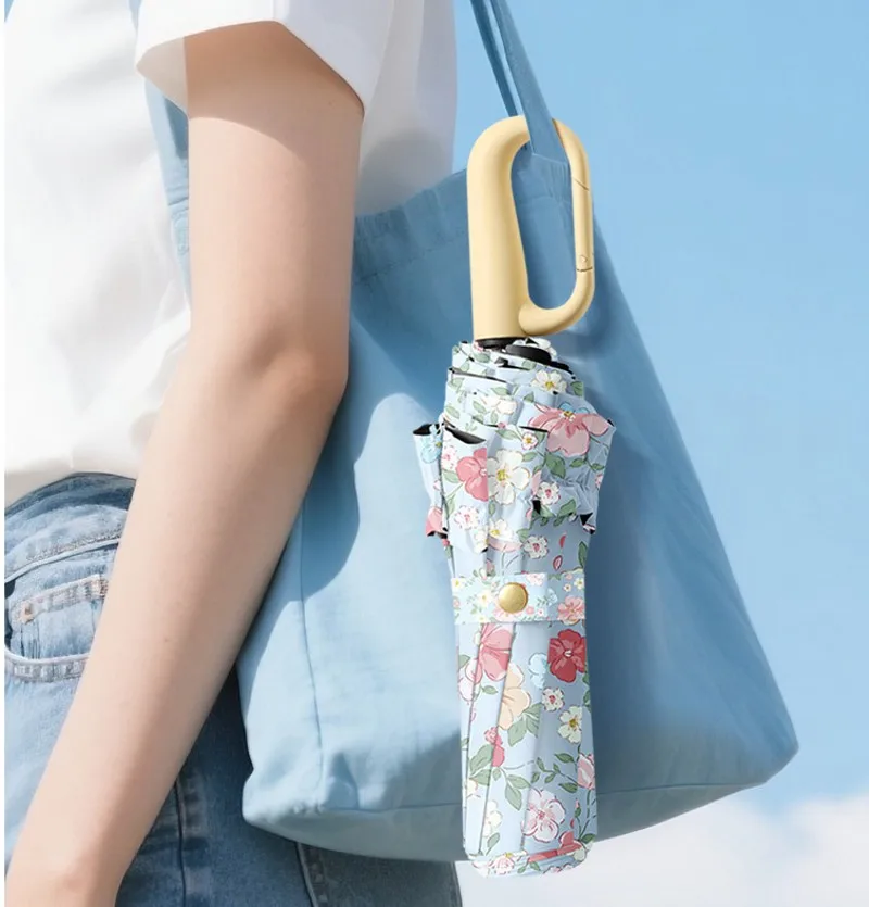 Korean Style Umbrella Princess with Applique Floral Ring Buckle Handle 3 Folding Sunny Rainy Black Coating UV-resistant Umbrella