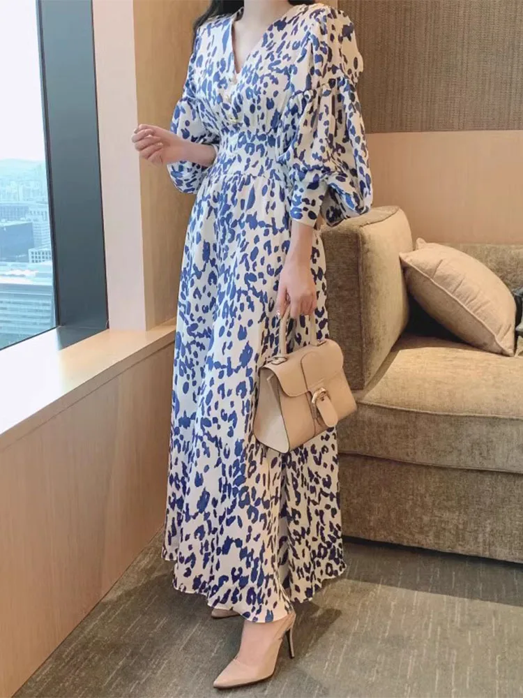 Chic Vintage V-ne Pearl Button High Waist Slimming Bubble Sve Print Dr Women's Korean Sle Long Sve Spring Dr