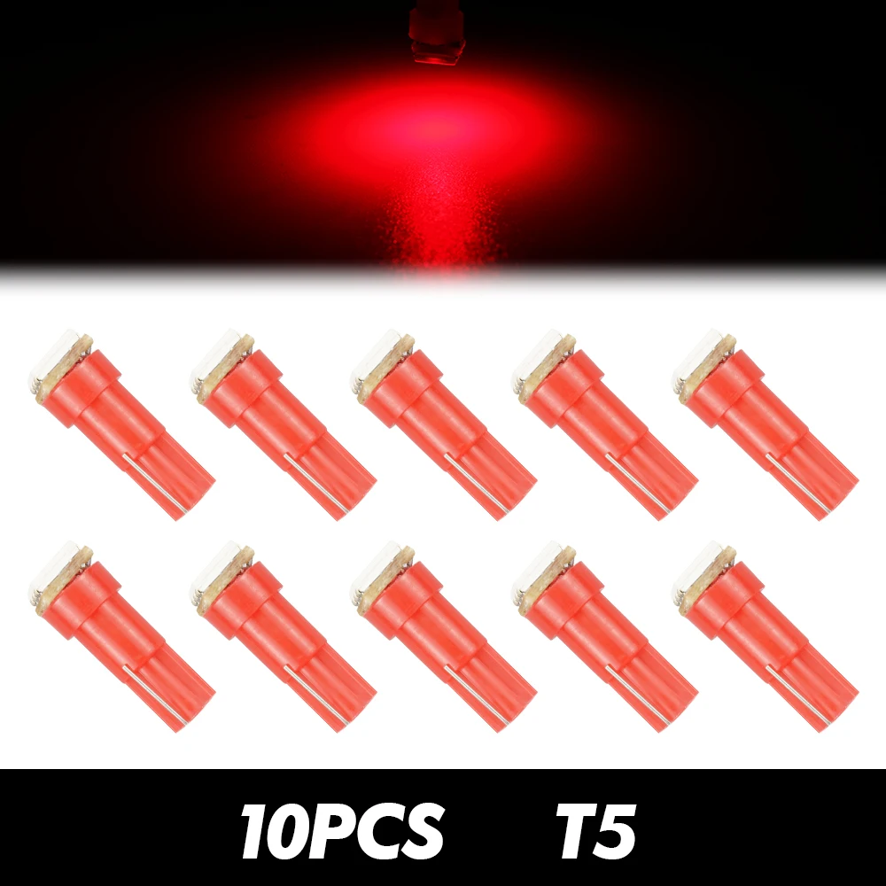 10 Stück T5 LED Keilbirnen für Auto-Tachometer, Armaturenbrett-Beleuchtung, Instrumentenanzeige, Warnleuchte, 12V Weiß-Rot-Licht
