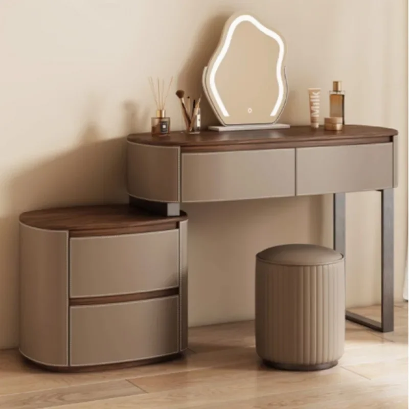 New saddle leather solid wood dresser bedside table light luxury simple modern chest integrated small makeup table