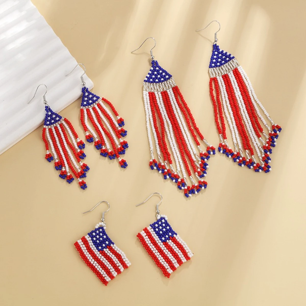 Original Design Bohemian Style USA Flag Style Rice Bead Tassel Earrings Handwoven Fashionable and Personalized Women\'s Style