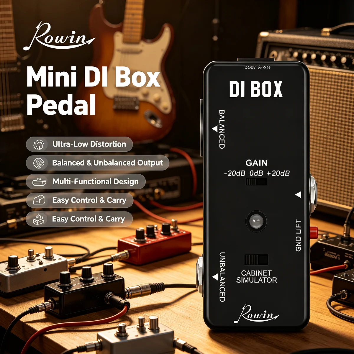 Rowin DI Box Direct Box Stompbox Pedal Ground Lift Switch Input to XLR Output Matching Box for Electric Guitar Bass LEF-331