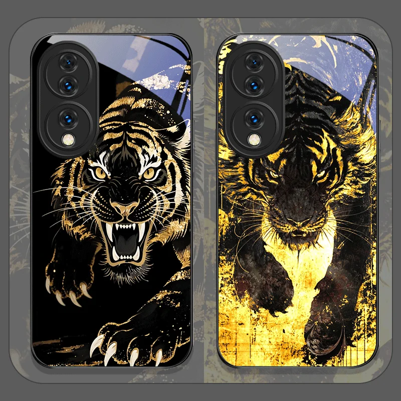 Capa de Celular de Vidro Temperado com Estampa de Tigre e Chamas para Huawei Honor 400 200 Lite 100 Pro 90 GT Magic 7 6 X8 X9