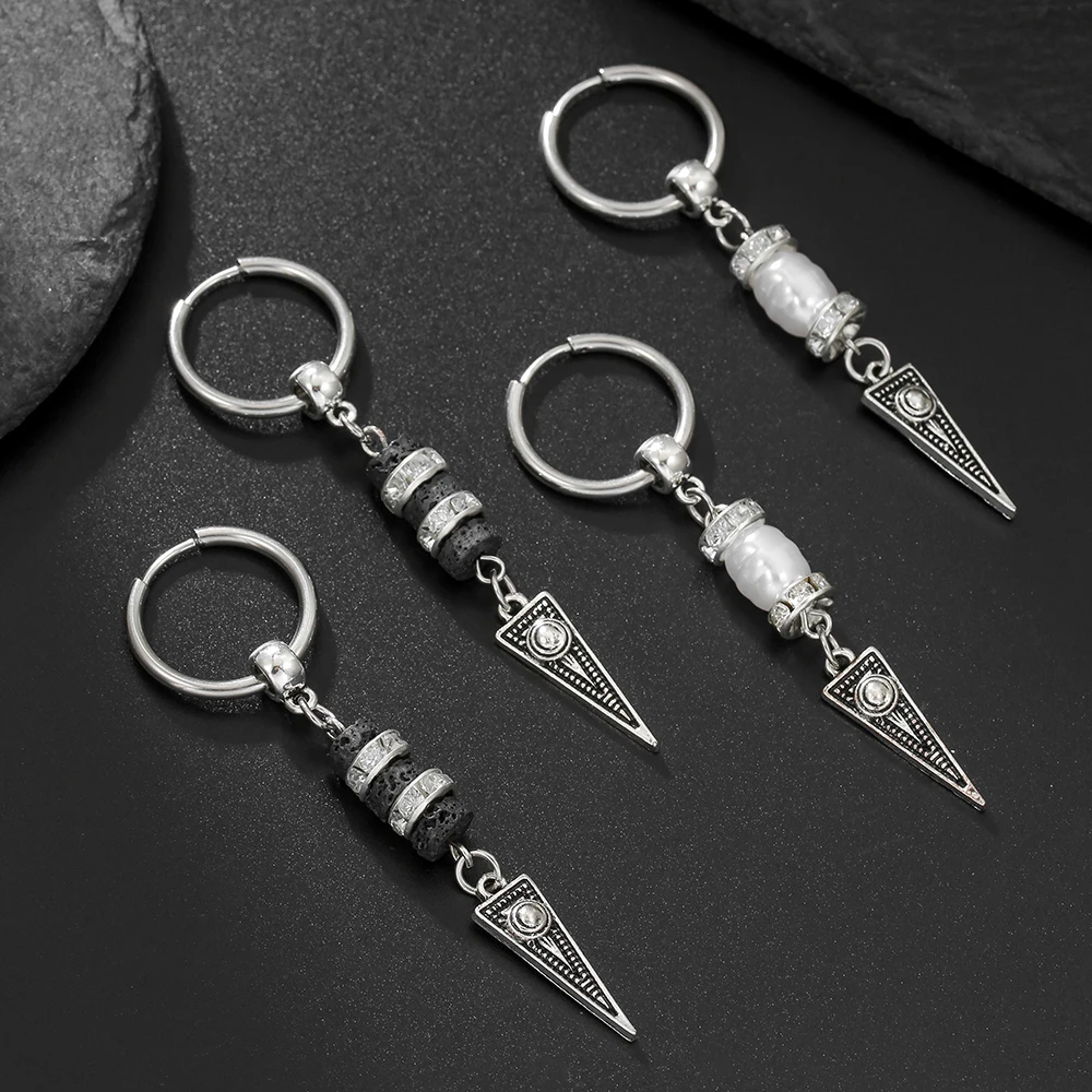 

1 Pair Street Hip Hop Hoop Earring For Men Vintage Silver Color Geometric Triangular Shape Pearl Pendant Earrings Unisex Jewelry