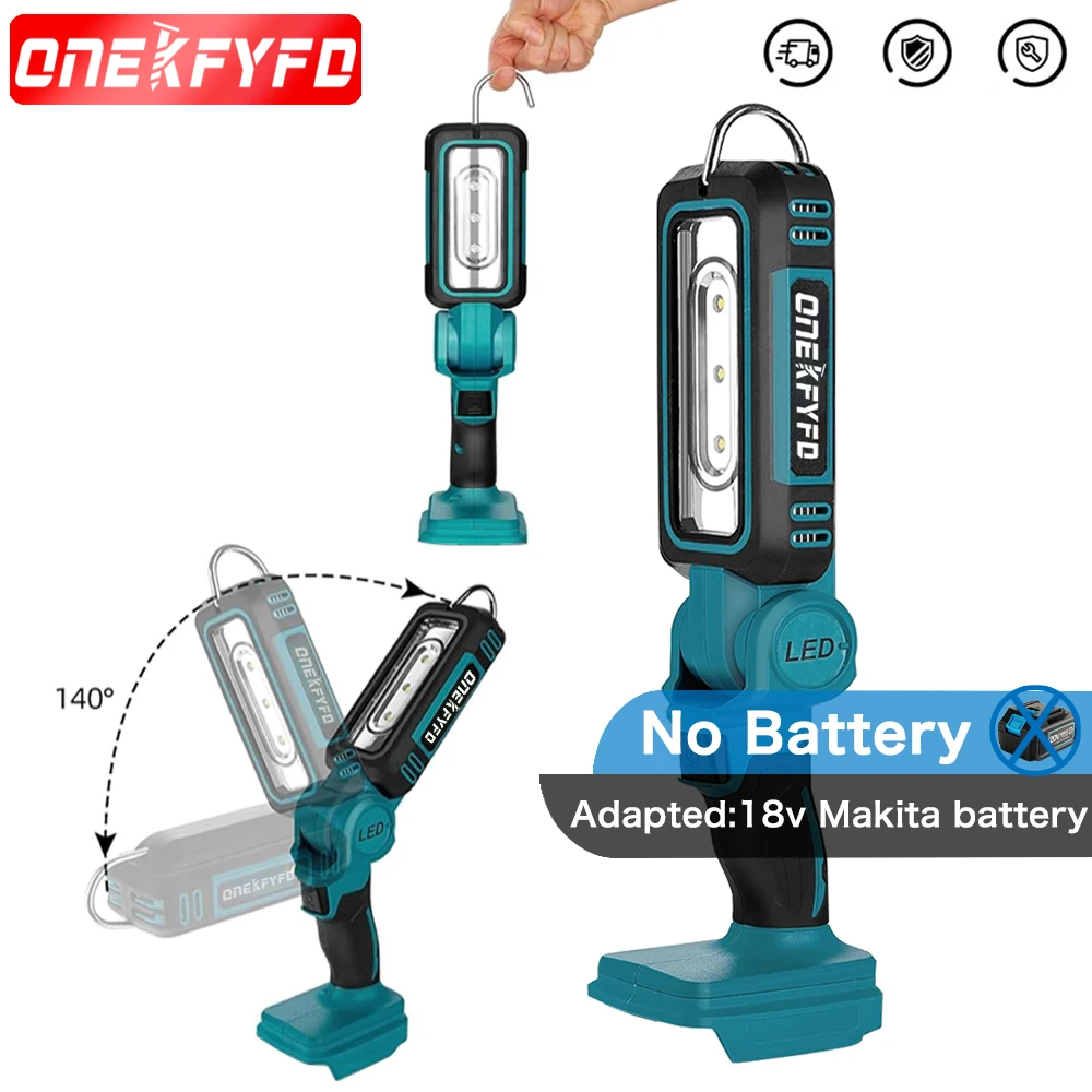 ONEKFYFD-portátil sem fio LED luz de trabalho, dois níveis, 140 graus de rotação, iluminação grande angular, Makita 18V bateria