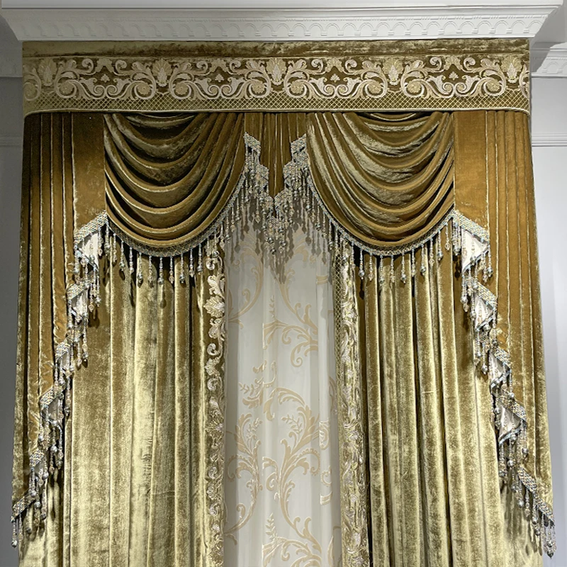 Gold Gilded Embroidered Velvet Stitching with Thick Blackout Curtains for Living Room Bedroom Villa Custom Window Screen Valance