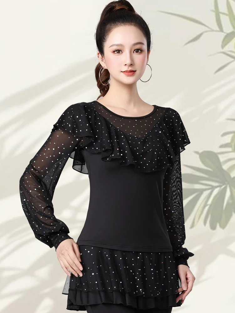 

Современный танец, кружевной топ с рукавами-фонариками, топ для латинских танцев, женская одежда, национальный стандарт, костюмы для бальных танцев чача, танго, DQL11682