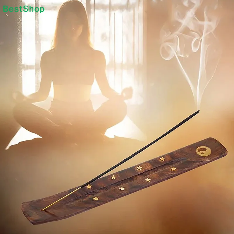 ♥Wooden Incense Holder with Inlaid Gold Stars - Incense Burner Ash Catcher for Meditation & Yoga