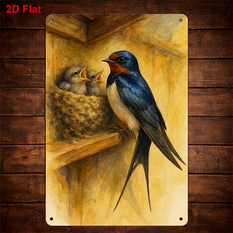 2D Flat - 1pc, 2D Flat Metal Printed Decorative Plaque, Barn Swallow with Hungry Chicks in Nest Wall Art, Ideal for Living Ro