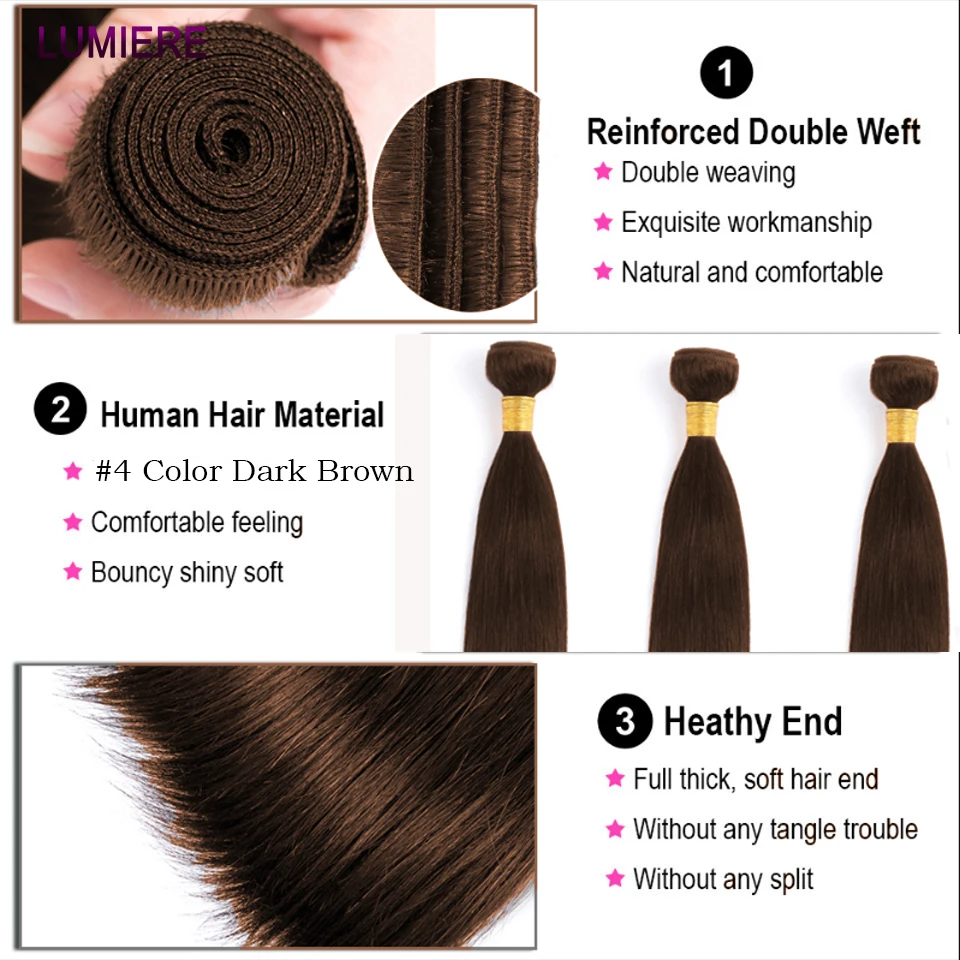 #4 Chocolate Brown Ombre Bone Straight Bundle With Closure Frontal HD Colored 3/4 Human Hair Weave Bundle Deal Hair Extension