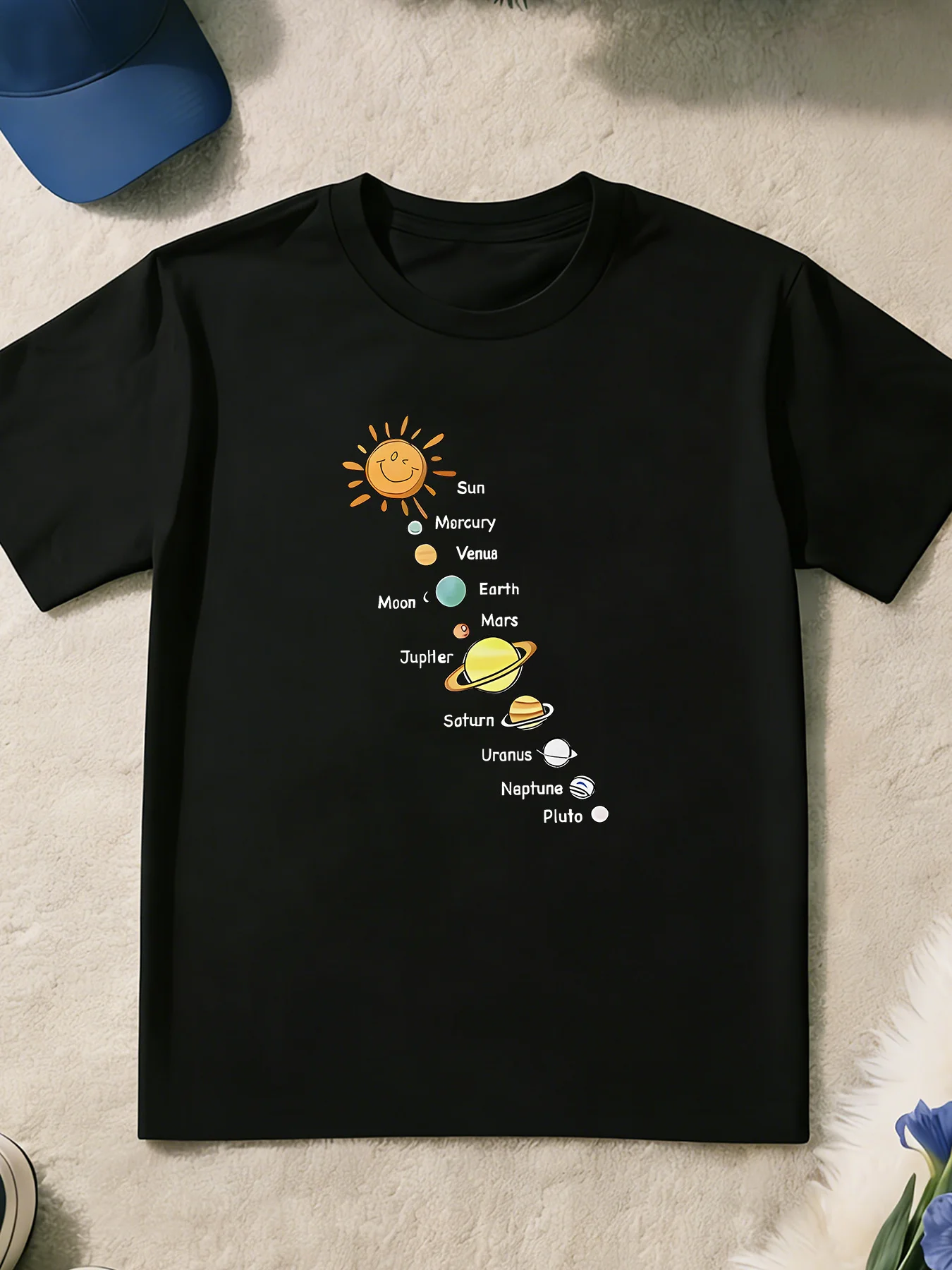 Short Sleeved Round Neck T-shirt with Planet Series Pattern Printed on It, Summer Trend Breathable Round Neck Parent-child Top