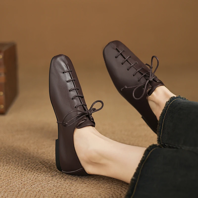 

New Retro Soft Sole Single Shoes Women Round Toe Lace-up Solid Colour Flats Lightweight Comfortable Loafers Sapatos Femininos