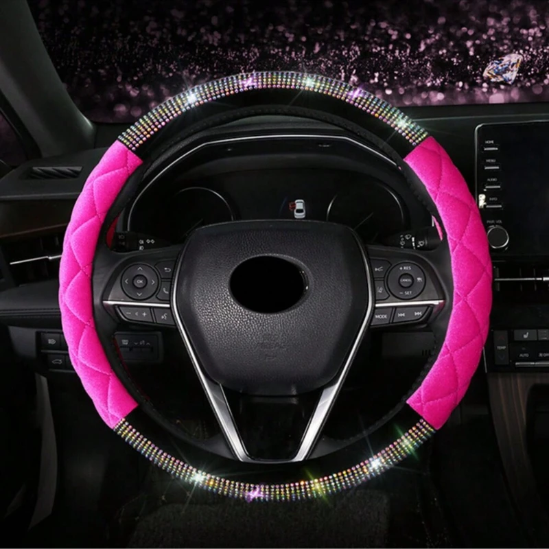 Luxury Rhombus Diamond Crystal Fashionable Plush Car Steering Wheel Cover 38CM Universal Interior Accessories Keep Warm