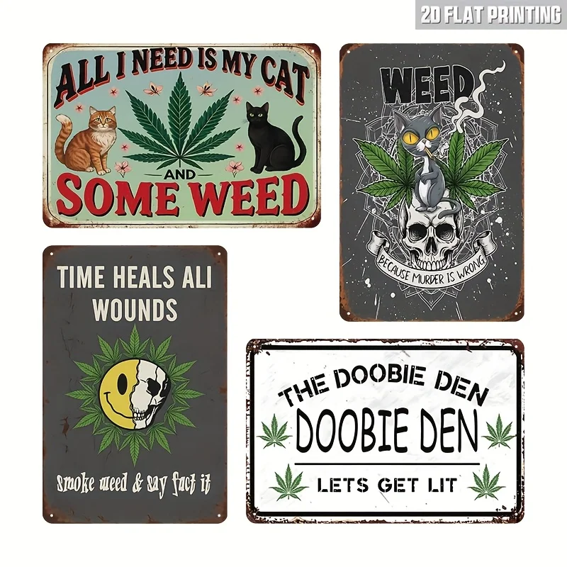 2D Flat - 4pcs Vintage Metal Tin Sign Wall Decor | Humorous Quirky Plaque With Distressed Look, Metal Art Signs For Bedroom, Bar