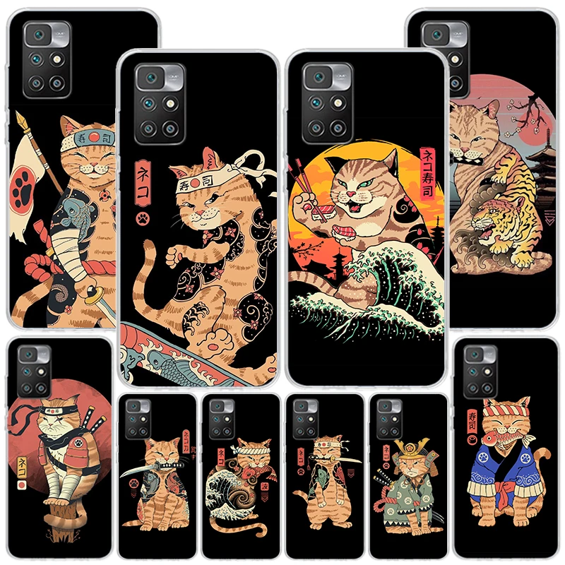 Ramen Sushi Samurai Tattoo Cat Phone Case For Xiaomi Redmi 12 12C 10 10C 10A 9 9A 9C 9T 8 8A 7 7A 6 Pro 6A K70 K60 K40 K20 S2 Pr