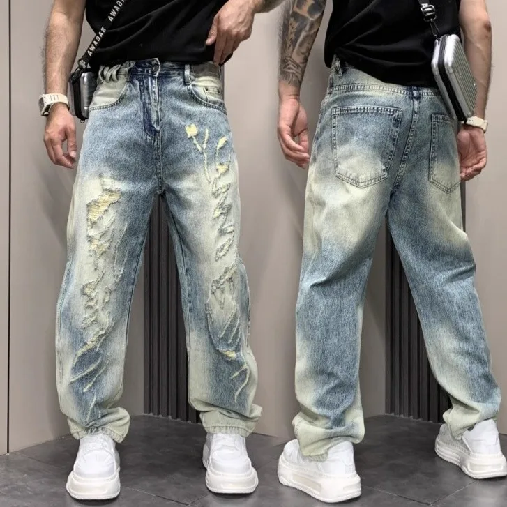 

Summer Large Size Street Style Tie Dye Men's Straight Leg Wide Leg Jeans High Waist Hip Hop Long Pants Casual Teenager Jeans
