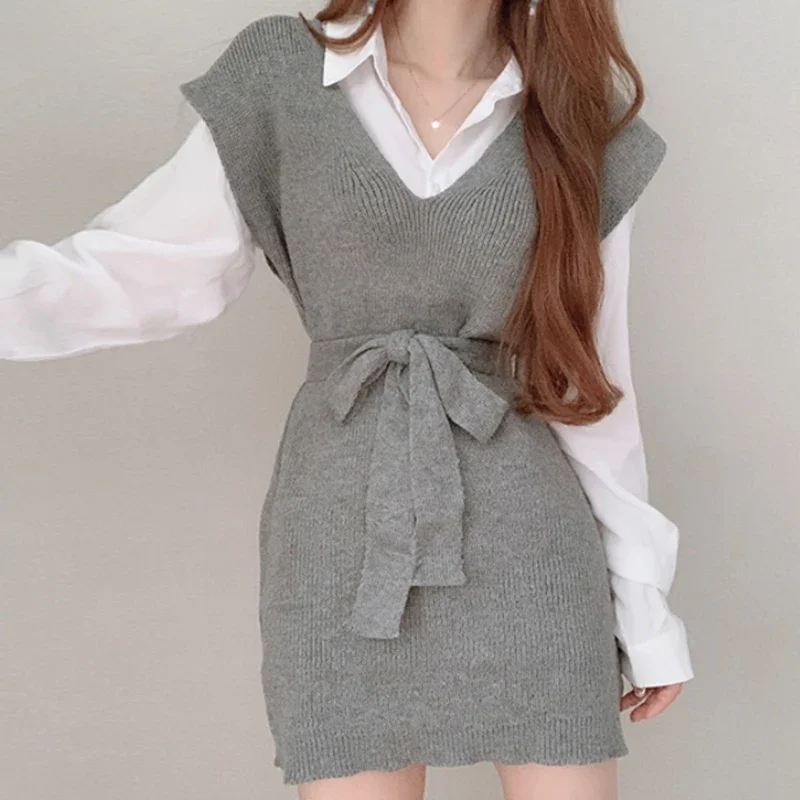 بسيط الخامس الرقبة الدانتيل يصل سترة اللباس الكورية شيك الخريف الشتاء منتصف طول سميكة سترة دون أكمام بلون الدافئة فساتين متماسكة