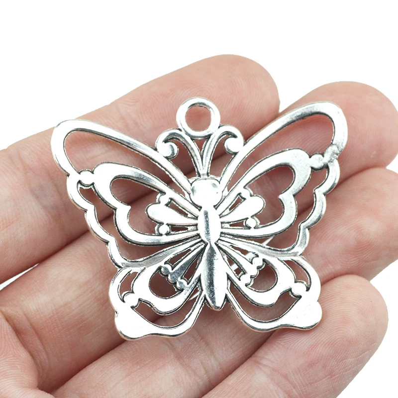 2 Pieces 39*47mm Antique Silver Color Hollow Butterfly Charms  Necklace For DIY Jewelry Making