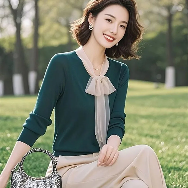 

Soft Sticky Blackish Green Ribbon Knitted Sweater Pullover Fashion T-shirt for Women's 2026 New Summer Autumn T-shirt Top Female