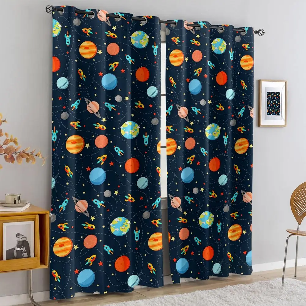 Space Rocket Planet Printed Curtains 2 Panels Light Blocking Rate 85% Darkening Decoration Curtains Astronomy Hobby Room Curtain