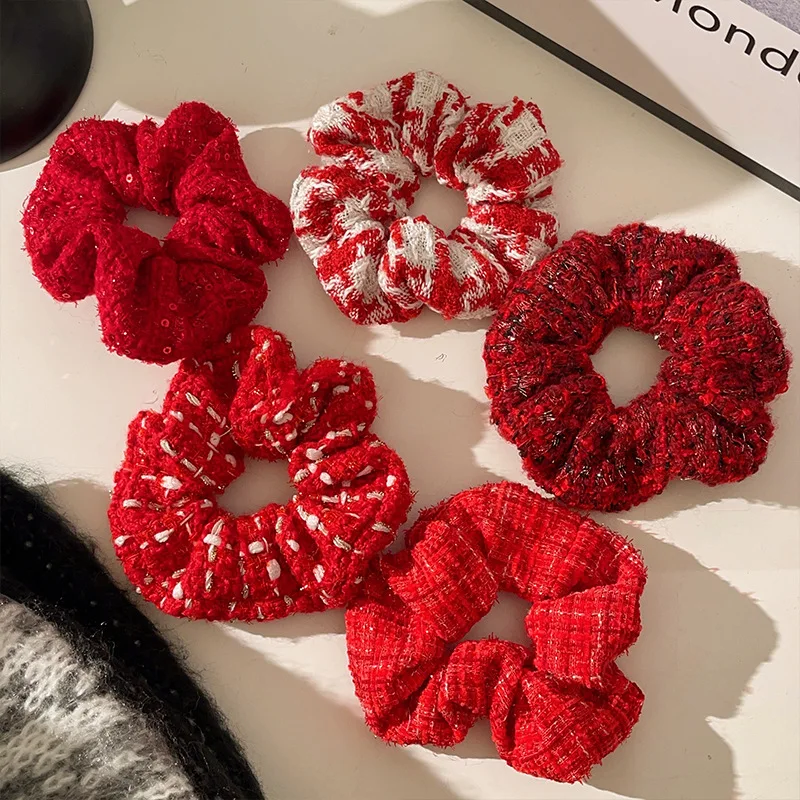 2024 Winter Hair Accessories 5pcs/set Red Hair Scrunchies Set Women Holiday Santa Claus Hair Ties Knitted New Year Schrunchies