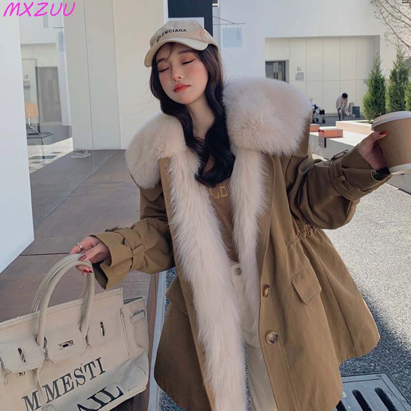 Fox Fur Coats Parkas Winter Women Navy Collar Rex Rabbit Fur Liner Medium to Long Chaquetas Para Mujer Waist Drawstring Slim Top