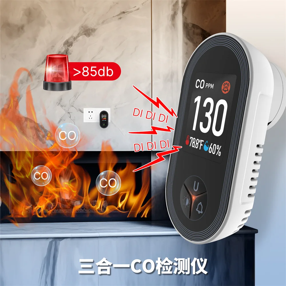 3 in 1CO Temperature and Humidity Sensor, Kitchen Garage 4 in 1 Combustible CO Temperature and Humidity Detector
